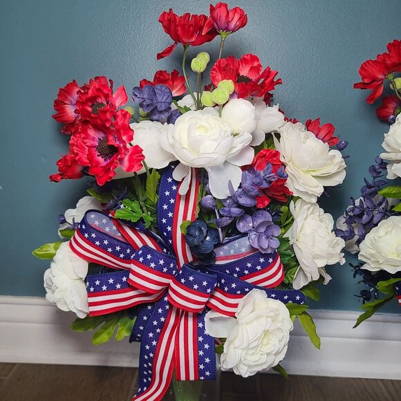 Patriotic Cemetery Vase Floral Arrangement - Red, White, & Blue Memorial Flowers - Picture 2 of 3